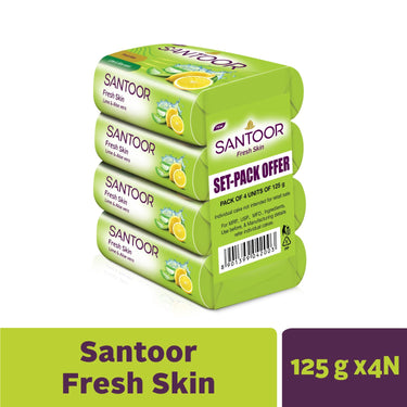 Santoor Fresh Skin Aloe Vera & Lime Bathing Soap with Nourishing & Anti-Aging Properties| For Smooth & Soft and Younger-Looking Skin| For All Skin Types| 125g, Pack of 4